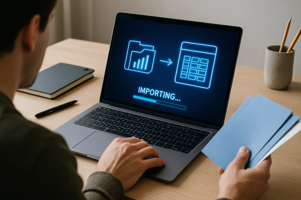 A person importing real data files into business software on a laptop