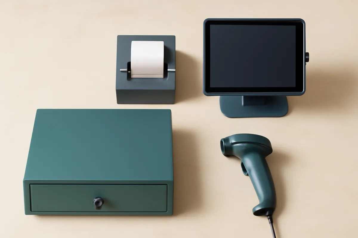 Point-of-sale and stock hardware on a retail counter: a cash drawer, receipt printer, barcode scanner, and tablet stand, tinted indigo and violet, no readable text or logos
