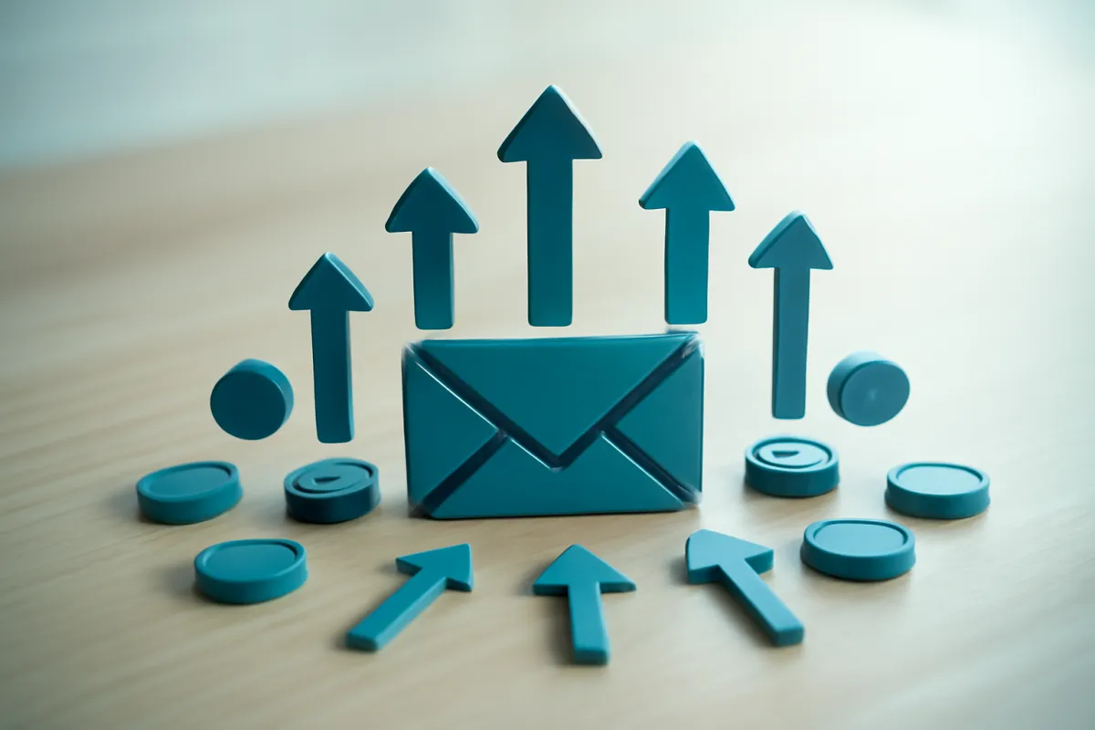 An abstract concept of return from email marketing, an envelope at the center with upward arrows and coin shapes radiating outward on a clean desk