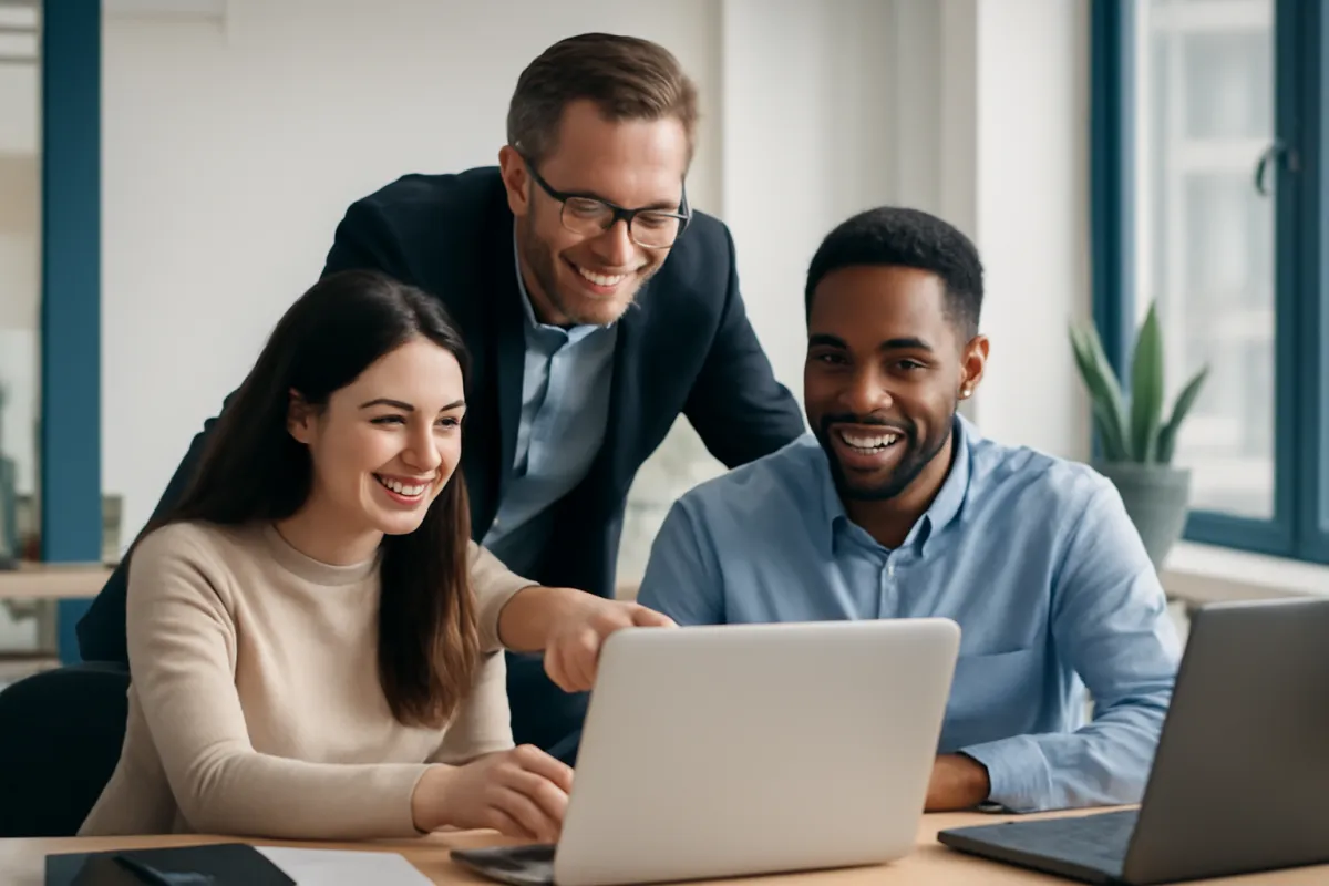 A manager helping two colleagues get started on new software at a shared desk, pointing at a laptop screen