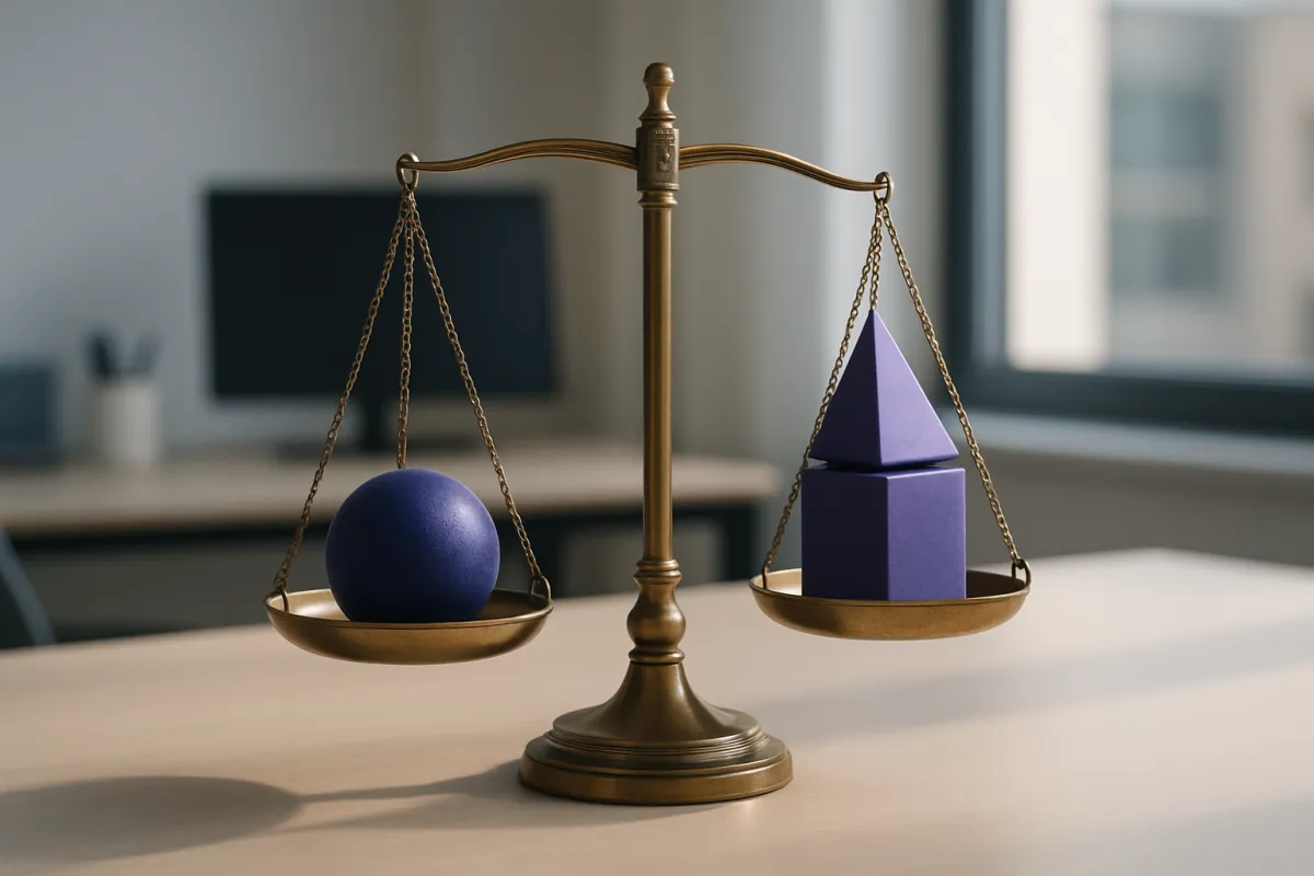 A small balance scale weighing geometric shapes, suggesting matching inventory software to the size and stage of a business