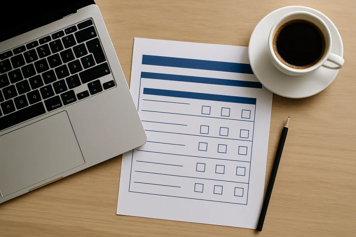 A printed evaluation scorecard with checkboxes beside a laptop