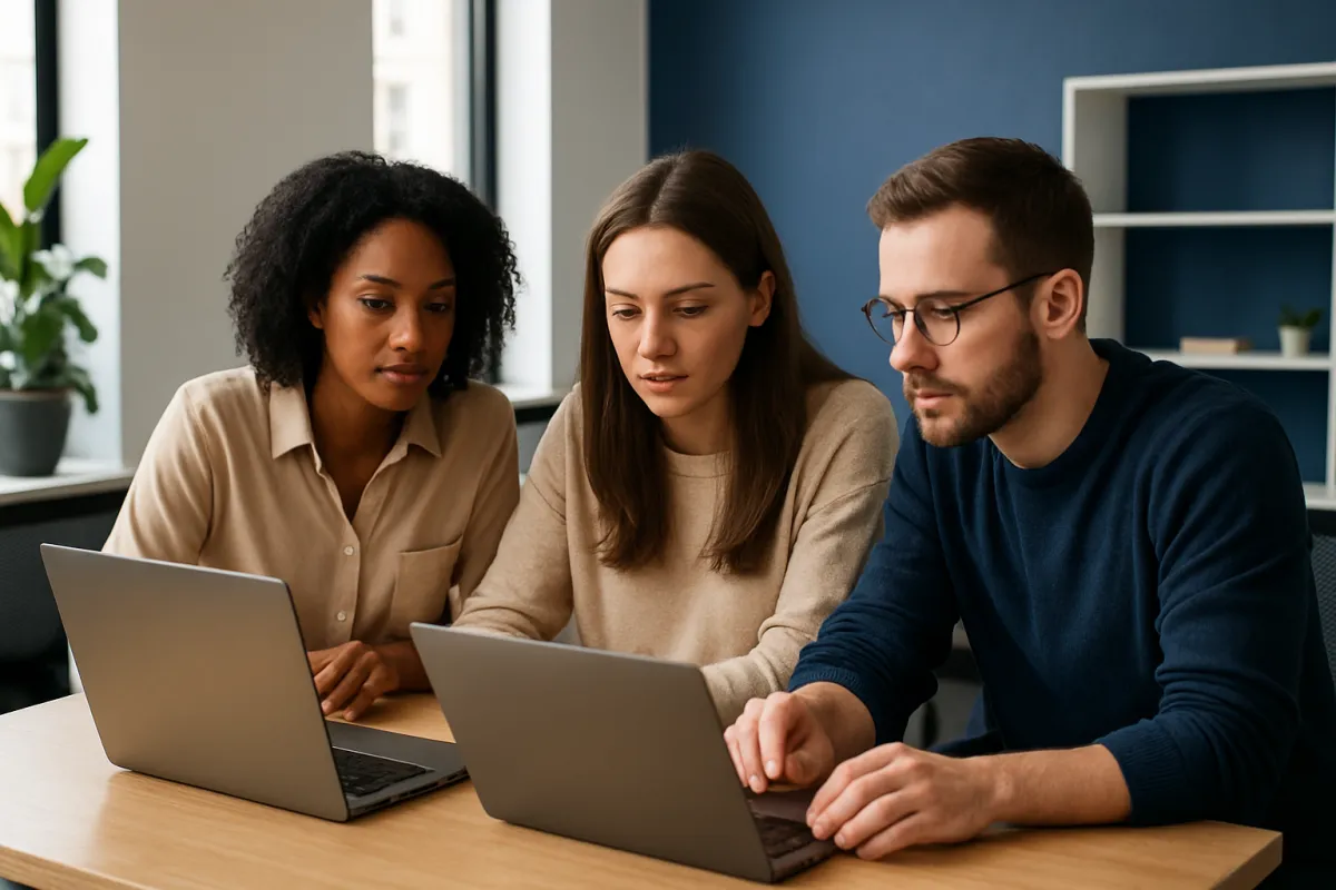 Two nonprofit colleagues at a shared desk reviewing the same accounting dashboard on a laptop, discussing who needs access