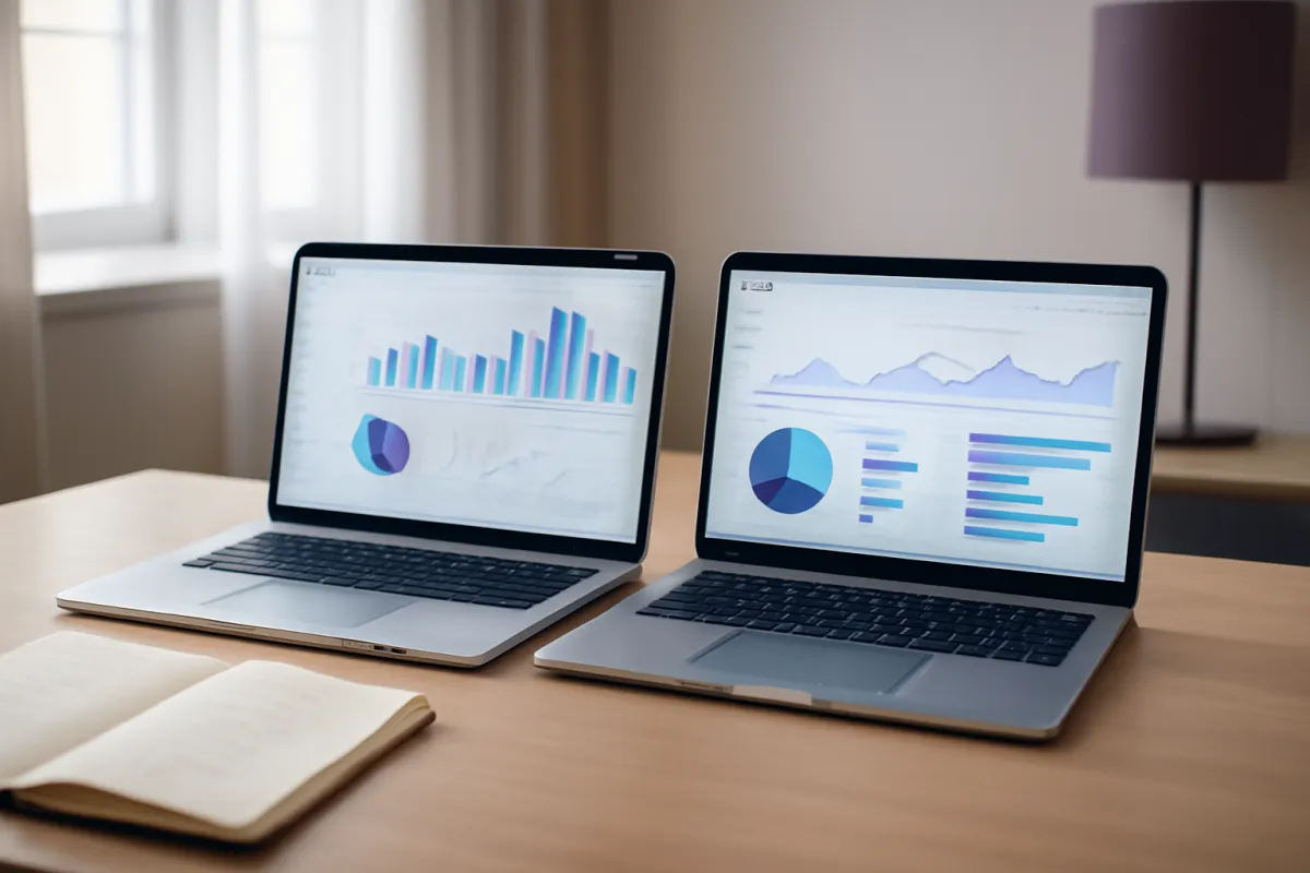 Two laptops side by side on a desk showing two different nonprofit CRM dashboards being compared, with a notebook of handwritten notes
