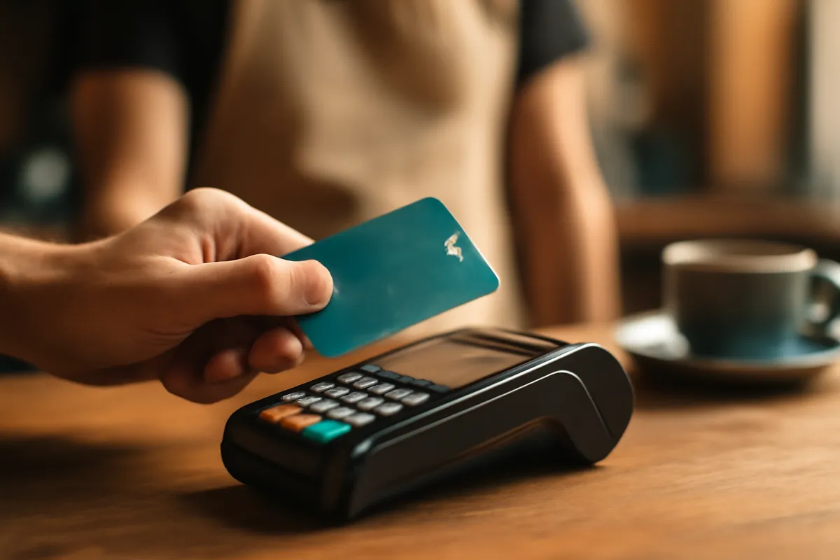 A customer tapping a credit card on a contactless payment card reader at a cafe counter