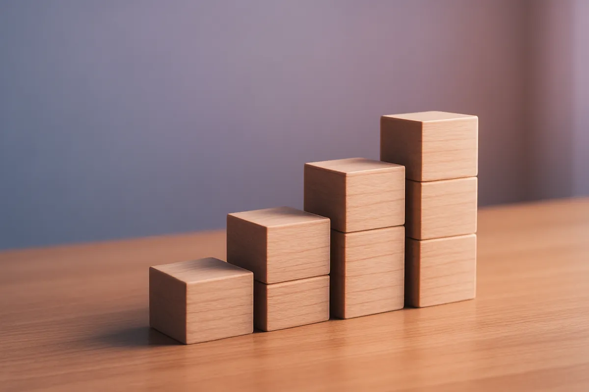 Wooden blocks arranged as ascending steps on a desk, suggesting rising pricing tiers