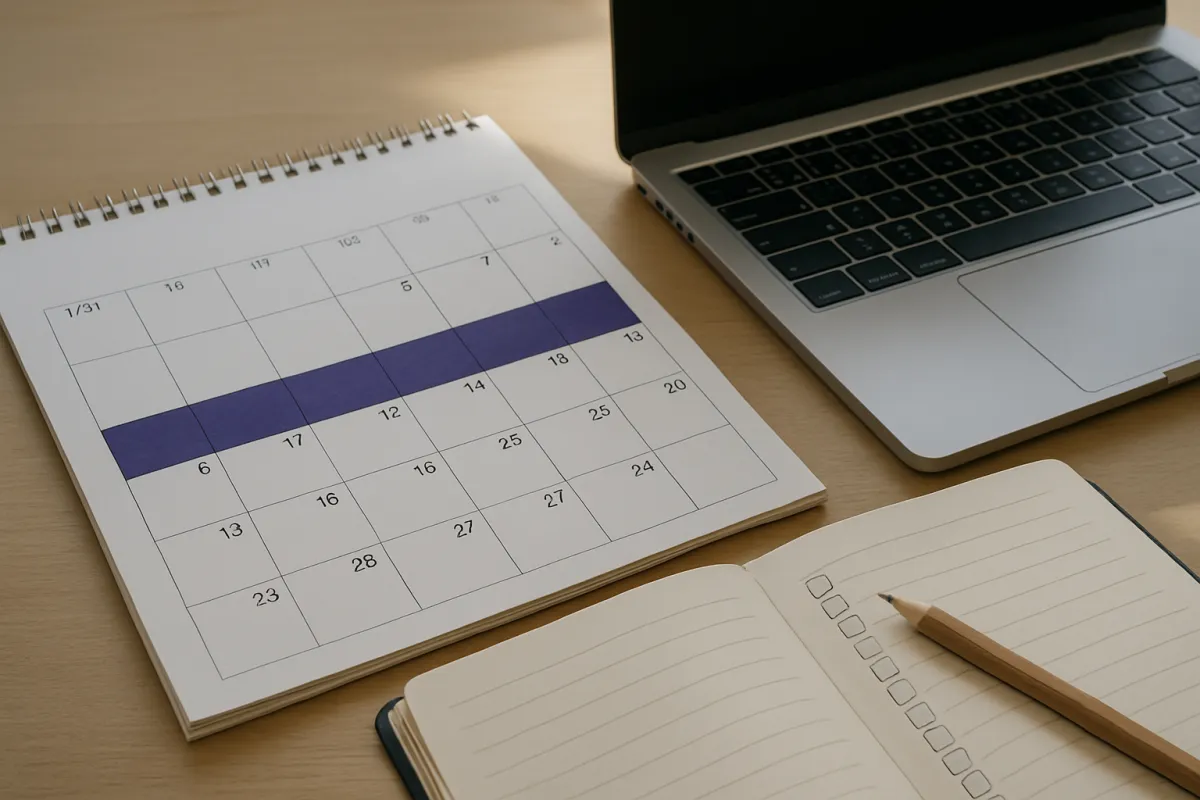 A calendar with a two-week evaluation sprint marked beside a checklist notebook