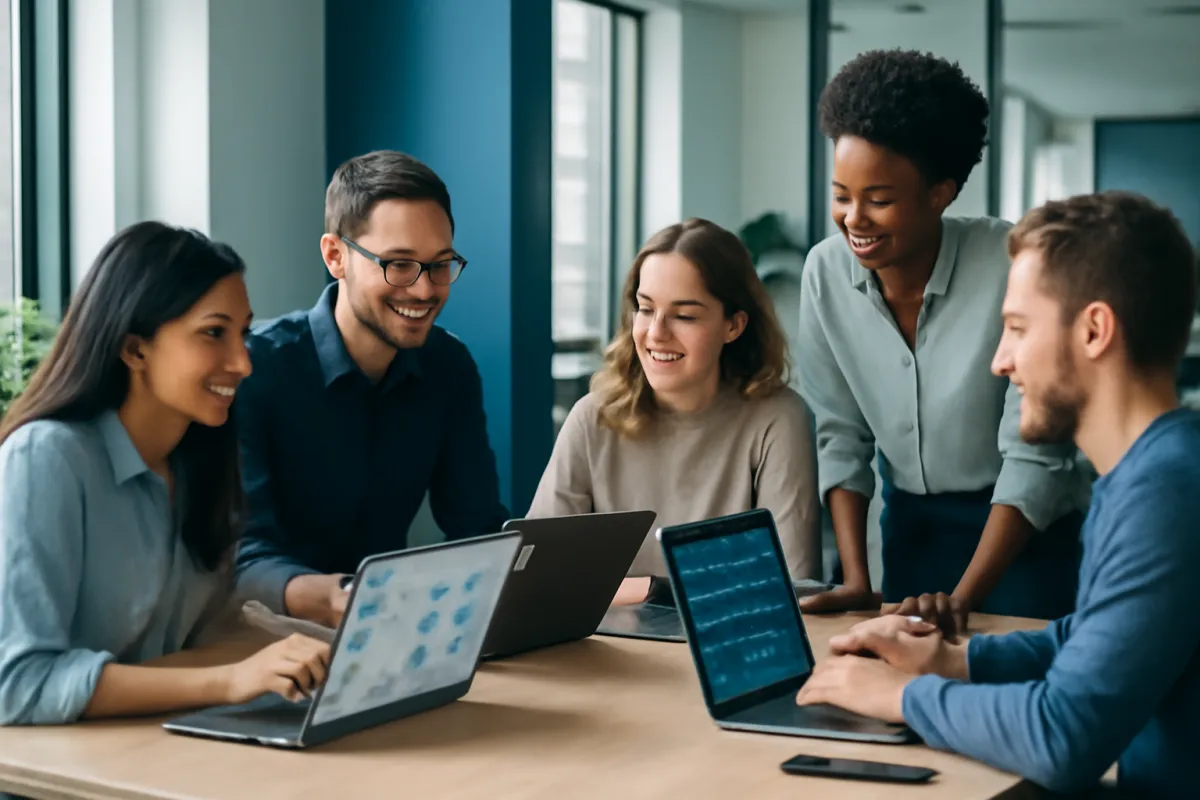 A small team of five collaborating around a table with several laptops open showing dashboards