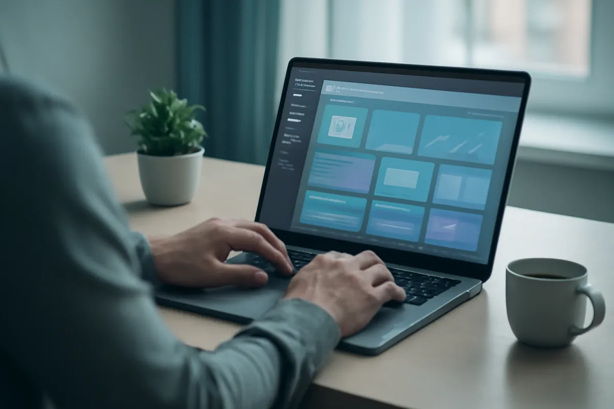 A person updating and maintaining a website on a laptop at a calm home office desk