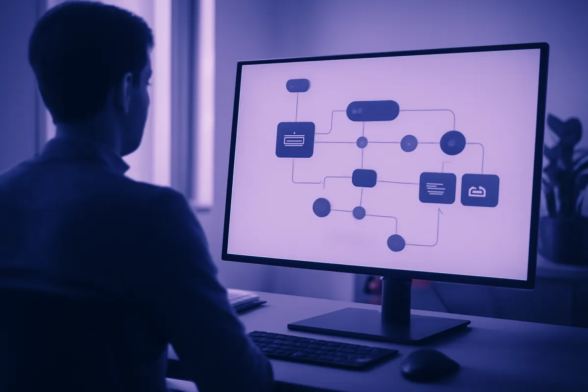 A marketer reviewing an automated welcome email sequence flowchart on a monitor with open and click rate tiles