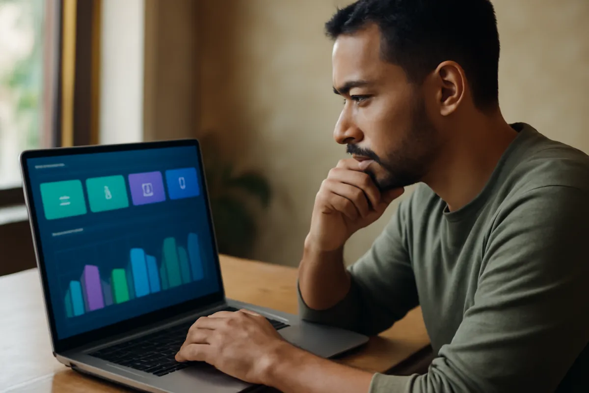 A small-business owner at a laptop reviewing an email campaign results dashboard with abstract metric tiles and a bar chart, tinted teal and indigo, no readable numbers