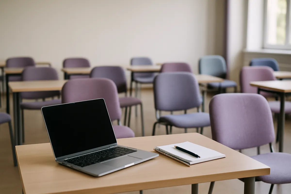 An open laptop with a dark blank screen on a light wood table beside a spiral notebook and a black pen, in a room of empty mauve and blue grey upholstered chairs at matching tables, lit by a window at the right