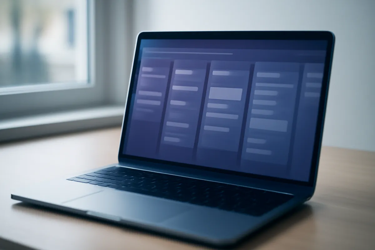 A laptop on a tidy desk showing a project-management kanban board interface with columns of task cards, tinted indigo