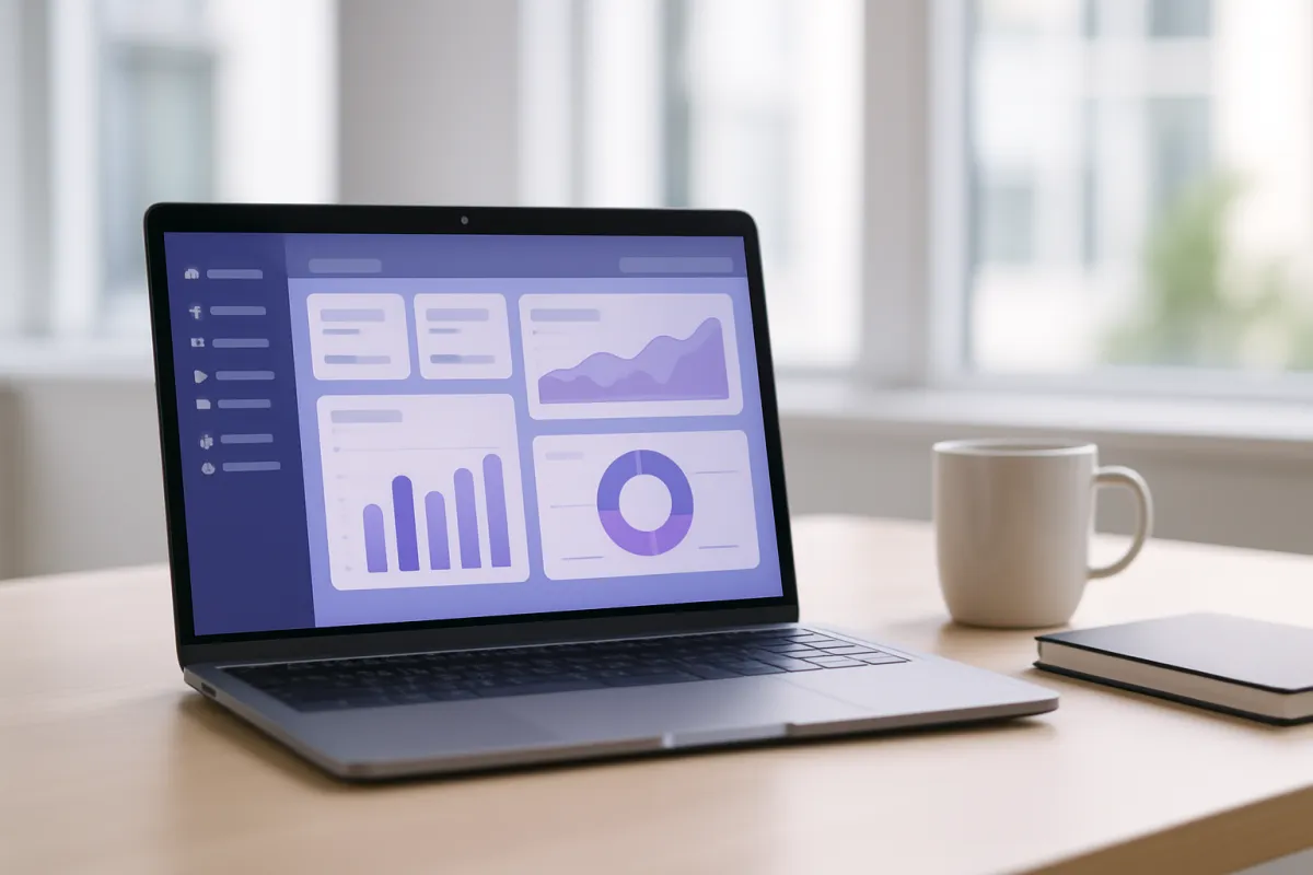 A laptop showing a business software dashboard on a tidy office desk