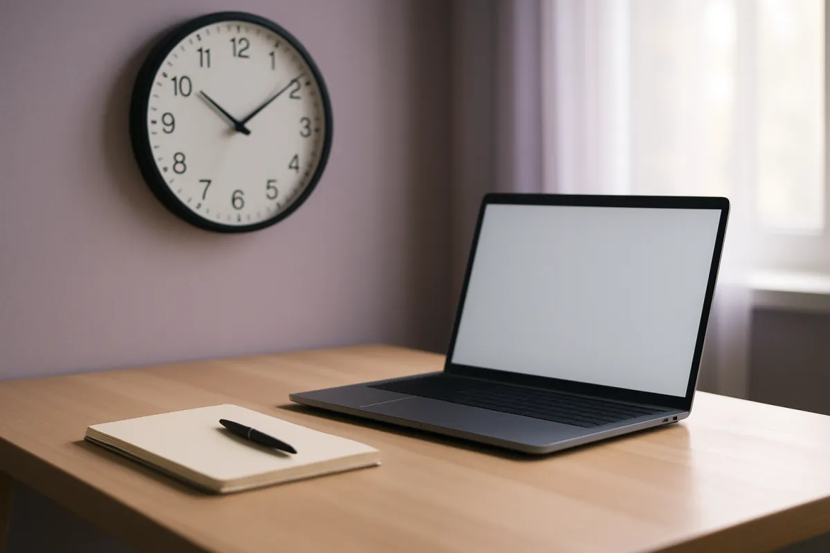 A round black-framed wall clock on a pale mauve wall beside a laptop with a blank white screen on a light wood desk, with a cream notebook and a black pen in front of it and a curtained window to the right